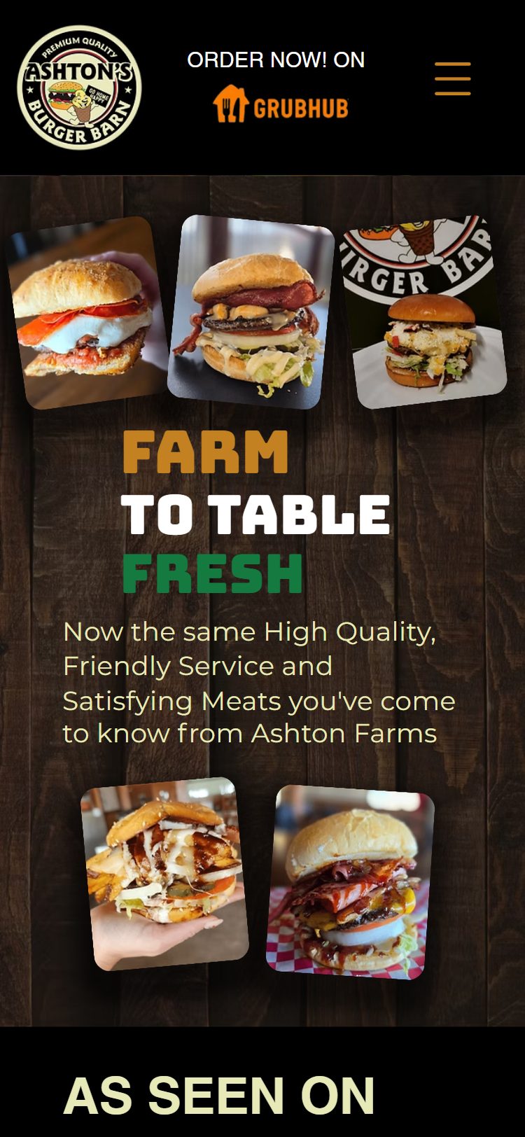 The Ashton's Burger Barn site on a phone: burger photos on a dark wood background with the headline Farm to Table Fresh and an order button at the top