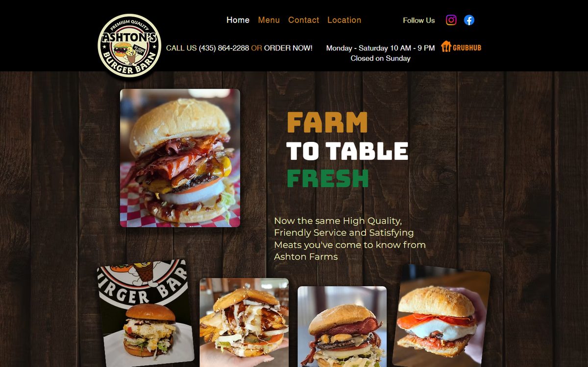 The Ashton's Burger Barn home page: photos of stacked burgers on a dark wood background with the headline Farm to Table Fresh